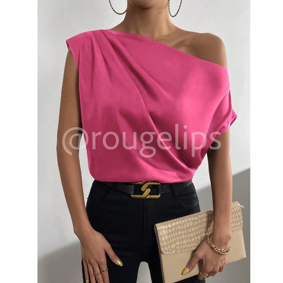 Hot Pink Satin Draped Asymmetrical Blouse Top Off One Shoulder - Picture 7 of 8
